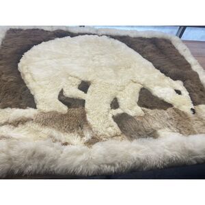 Vintage Sheepskin Wall Hanging Rug Bear Design 52x40 Wool Fur Panel Art